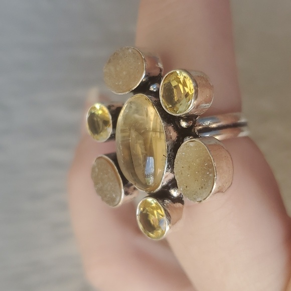 New Golden Rutile, Citrine and Druzy 925 Silver Ring. - Picture 6 of 16